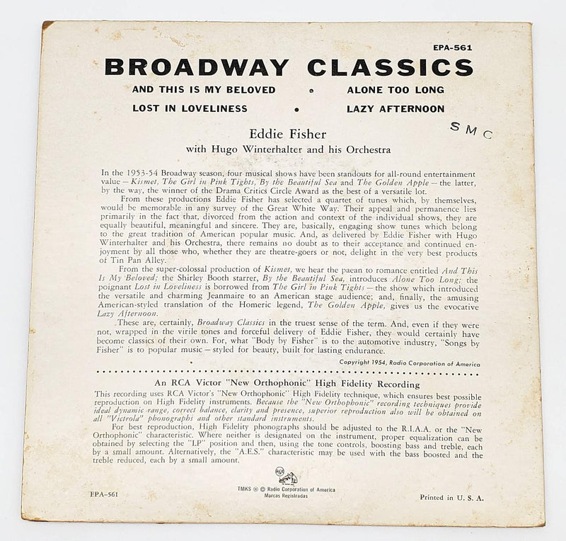 Eddie Fisher Broadway Classics 45 RPM EP Record RCA Victor 1954 EPA 561 2