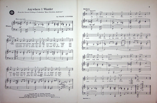 Sheet Music Anywhere I Wander Frank Loesser Hans Christian Anderson Movie 1951 2