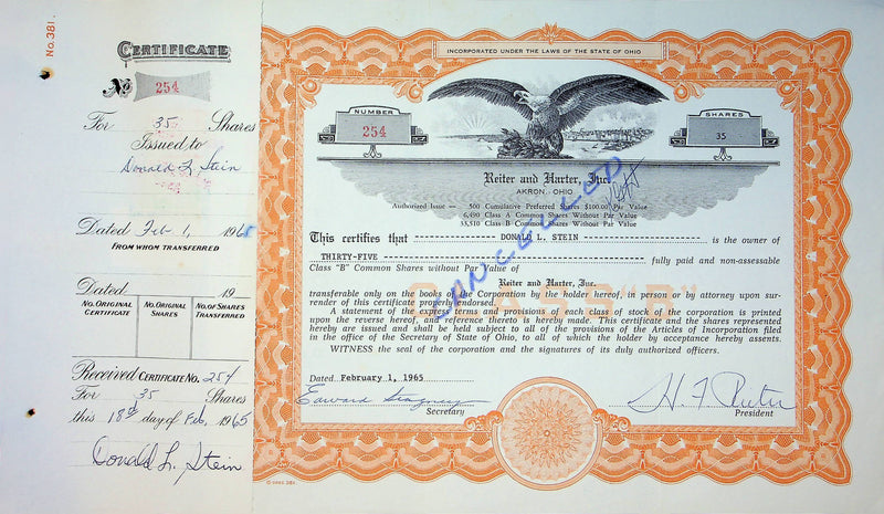 Reiter Dairy Company Stock Certificate Bond Scripophilly Akron Ohio 1965 No 254