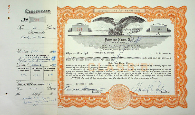 Reiter Dairy Company Stock Certificate Bond Scripophilly Akron Ohio 1967 No 324