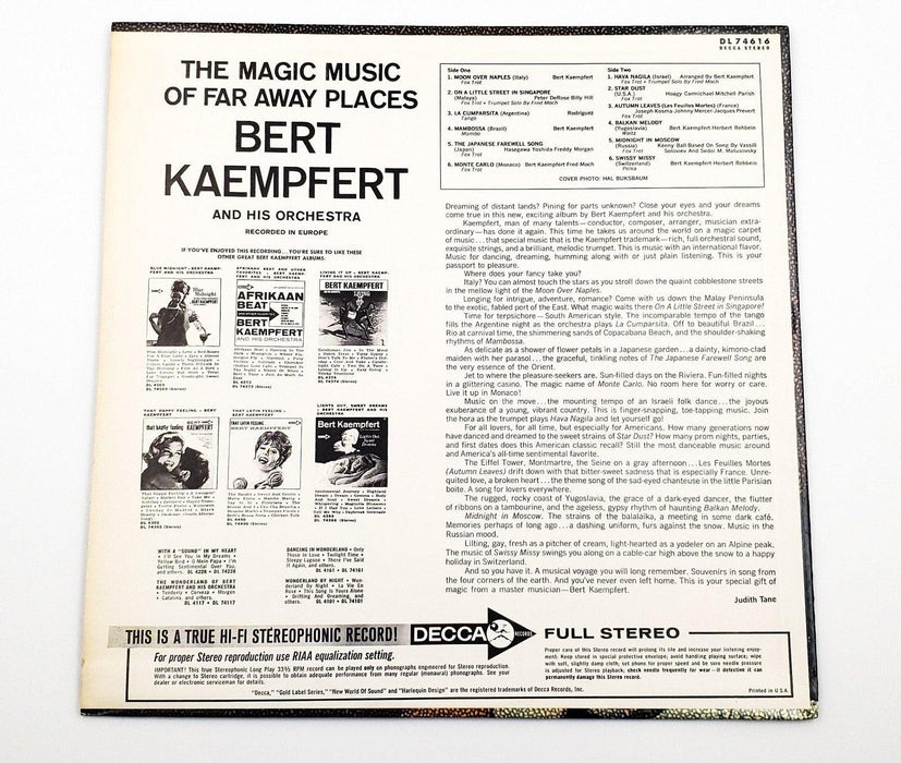 Bert Kaempfert The Magic Music Of Far Away Places 33 RPM LP Record Decca 1965 2