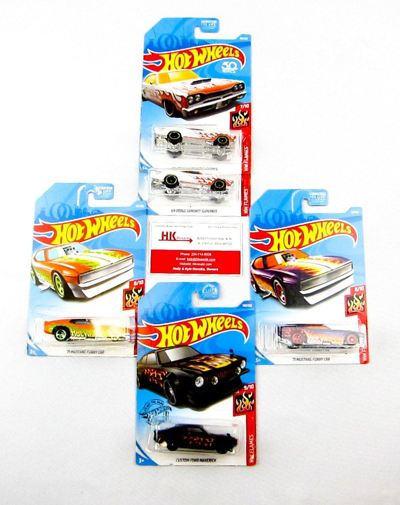Hot Wheels HW Flames '69 Superbee '71 Mustang F/C Maverick Qty 5 NEW Diecast Car 1