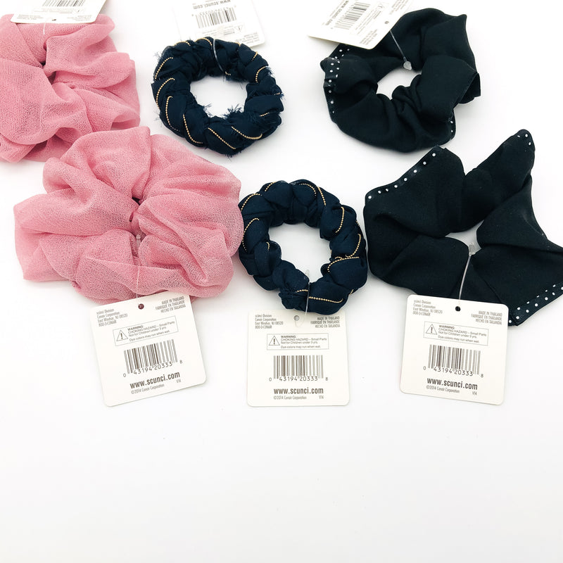 6-Pack Scunci Fashion Scrunchies Hair Ties Pink Blue Black Polka Dots 20333V