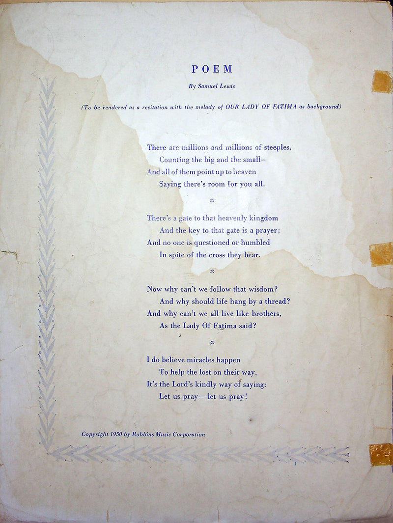 Sheet Music Our Lady Of Fatima Gladys Gollahon 1950 Catholic Religious Song 3