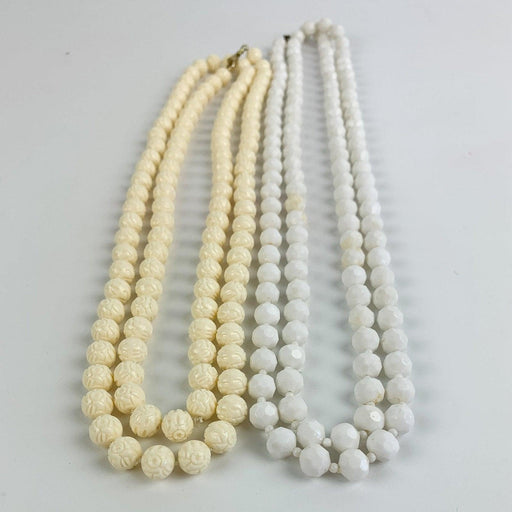 Vintage Long White Faceted & Pressed Design Plastic Bead Necklaces - Lot of 2 2