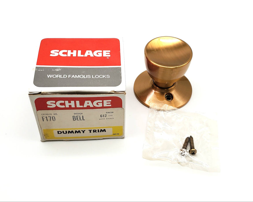 Schlage F170 Doorknob Satin Brass Decorative No Turn Dummy Trim NOS