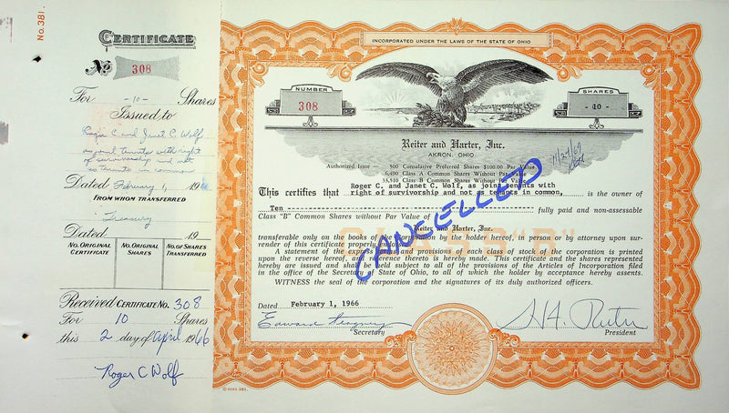 Reiter Dairy Company Stock Certificate Bond Scripophilly Akron Ohio 1966 No 308
