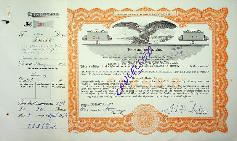 Reiter Dairy Company Stock Certificate Bond Scripophilly Akron Ohio 1966 No 281