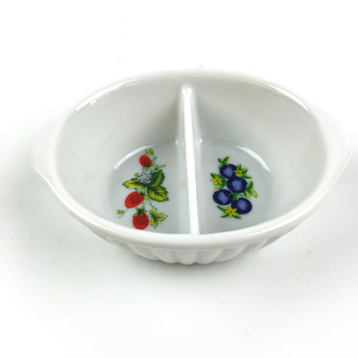 Divided Jam Jelly Dish White Porcelain w/ Strawberries Blueberries No Spoon 4.5"