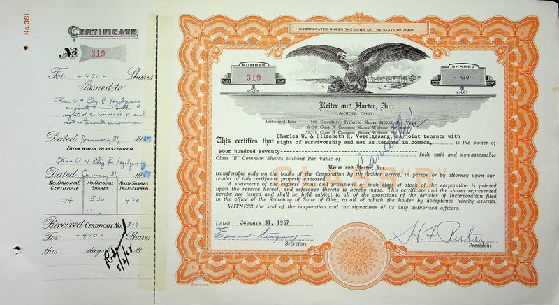 Reiter Dairy Company Stock Certificate Bond Scripophilly Akron Ohio 1967 No 319