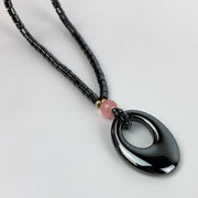 Beaded Pendant Necklace Hematite Barrell Bead with Pink Accent Oval 10.5" Ground 4