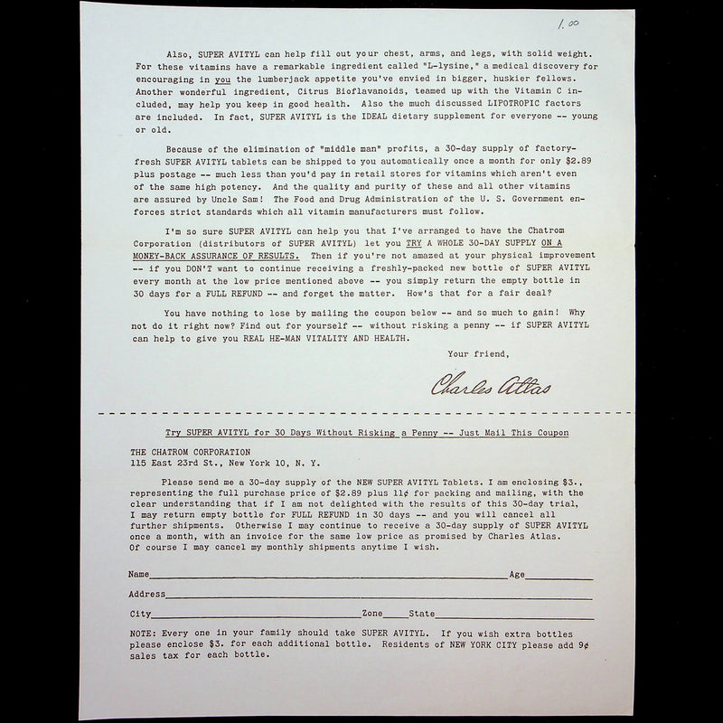 Charles Atlas Bodybuilder Vitamin Supplement Super Avityl Advertisement Chatham