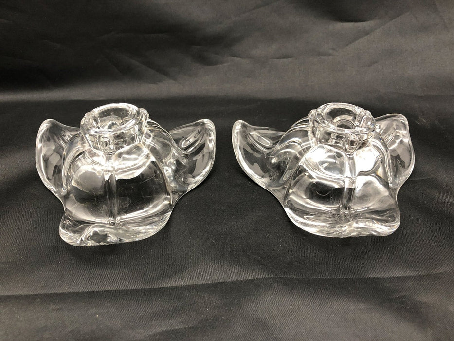 Vintage Duncan Miller Candle Holders Clear Glass Trillium Flower Blossoms Pedals 2