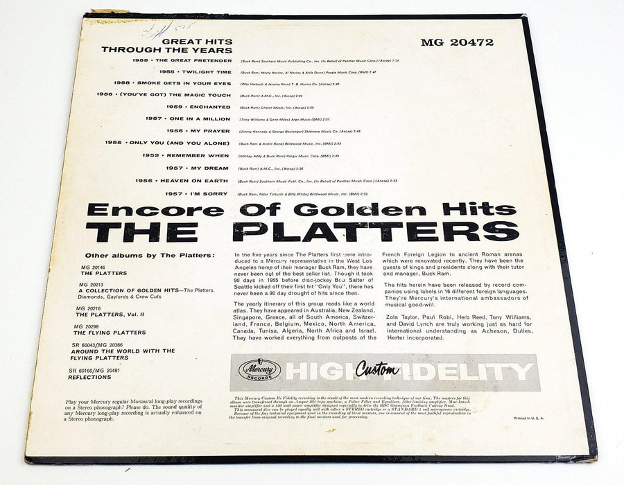 The Platters Encore Of Golden Hits 33 RPM LP Record Mercury 1960 High Fidelty 2