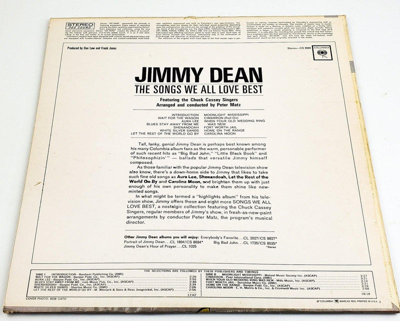 Jimmy Dean The Songs We All Love Best 33 RPM LP Record Columbia 1964 CS 8988 2