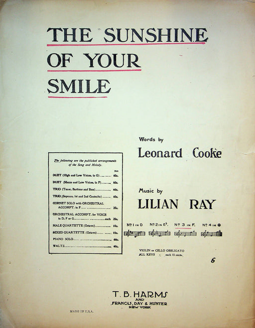 The Sunshine Of Your Smile Sheet Music Lilian Ray Leonard Cooke Piano Vocal 1915 1