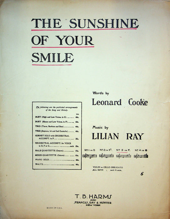 The Sunshine Of Your Smile Sheet Music Lilian Ray Leonard Cooke Piano Vocal 1915 1