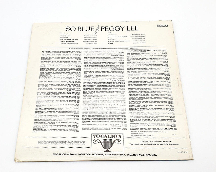 Peggy Lee So Blue 33 RPM LP Record Vocalion 1966 VL 73776 2