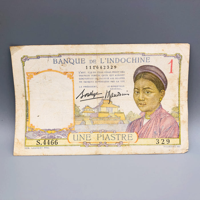 1949 French Indochina 1 Une Piastre Banknote Bank Note France Watermark