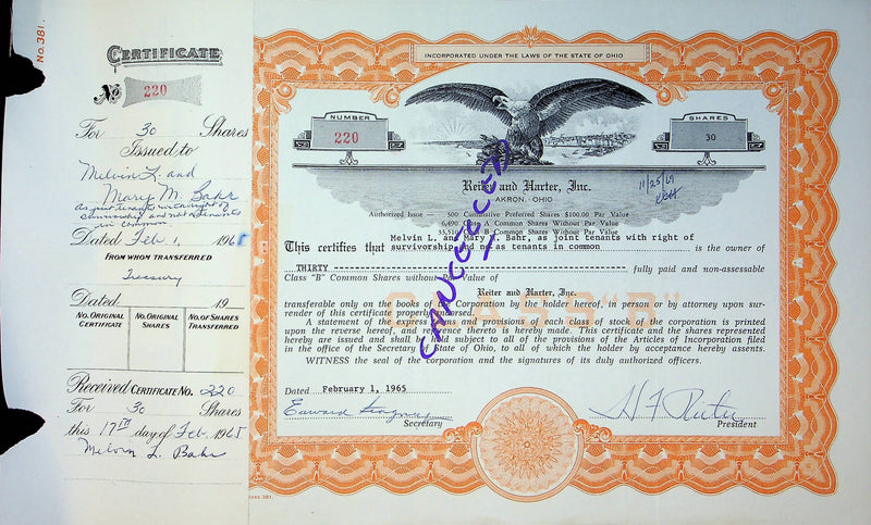 Reiter Dairy Company Stock Certificate Bond Scripophilly Akron Ohio 1965 No 220