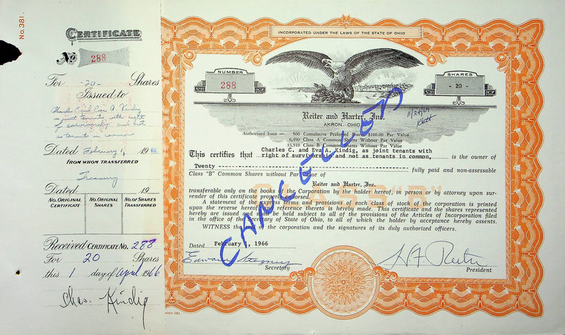 Reiter Dairy Company Stock Certificate Bond Scripophilly Akron Ohio 1966 No 288