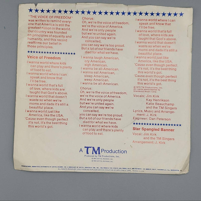 Jim Kirk & TM Singers Voice Of Freedom / Star Spangled Banner Single Record 1980 2