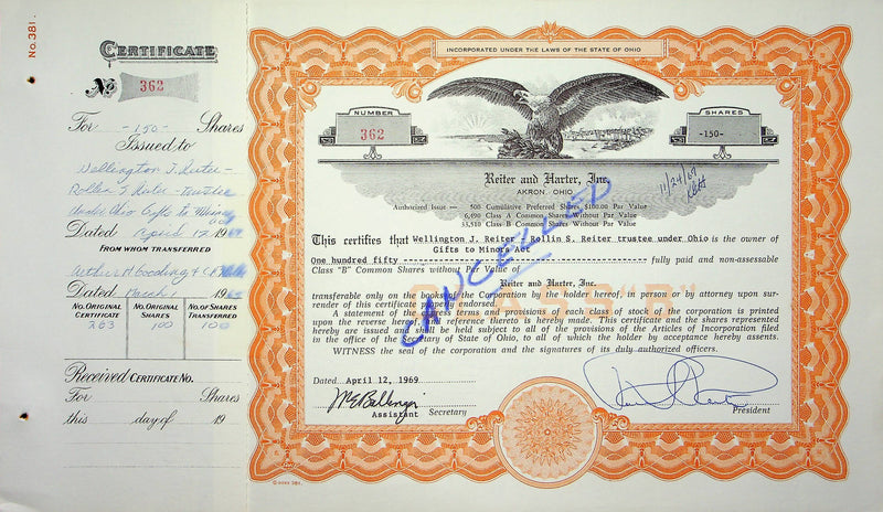 Reiter Dairy Company Stock Certificate Bond Scripophilly Akron Ohio 1969 No 362