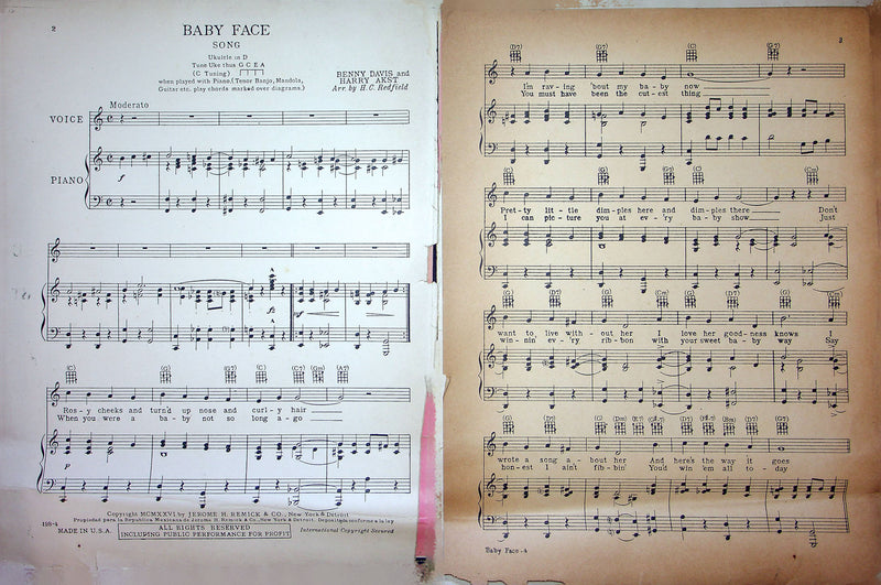 Sheet Music Baby Face Thelma Edwards Benny Davis Harry Akst 1926 Piano Song 2