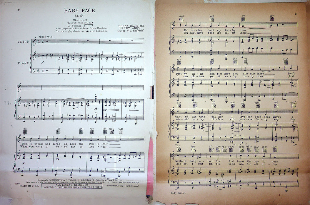 Sheet Music Baby Face Thelma Edwards Benny Davis Harry Akst 1926 Piano Song 2