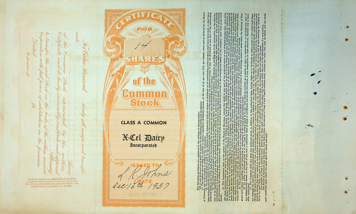 X-Cel Dairy Company Stock Certificate Bond Scripophilly Akron Ohio 1937 No 21