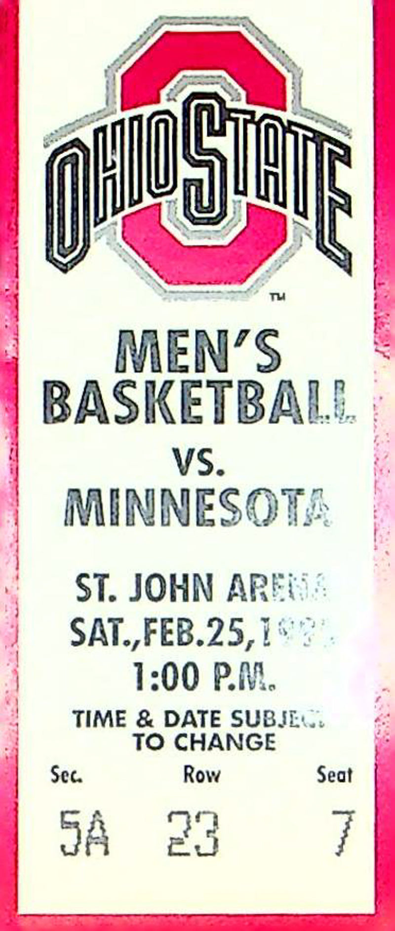 OSU Buckeye Basketball Game Ticket Stub Feb 1995 Vs. Minnesota Golden Gophers