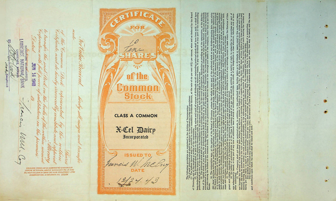 X-Cel Dairy Company Stock Certificate Bond Scripophilly Akron Ohio 1943 No 24