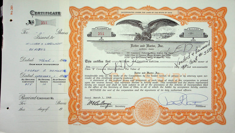 Reiter Dairy Company Stock Certificate Bond Scripophilly Akron Ohio 1969 No 351