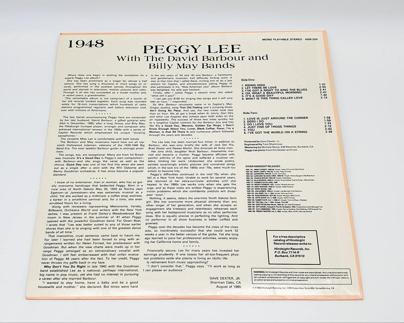 Peggy Lee The Uncollected Peggy Lee LP Record Hindsight Records 1985 HSR-220 2