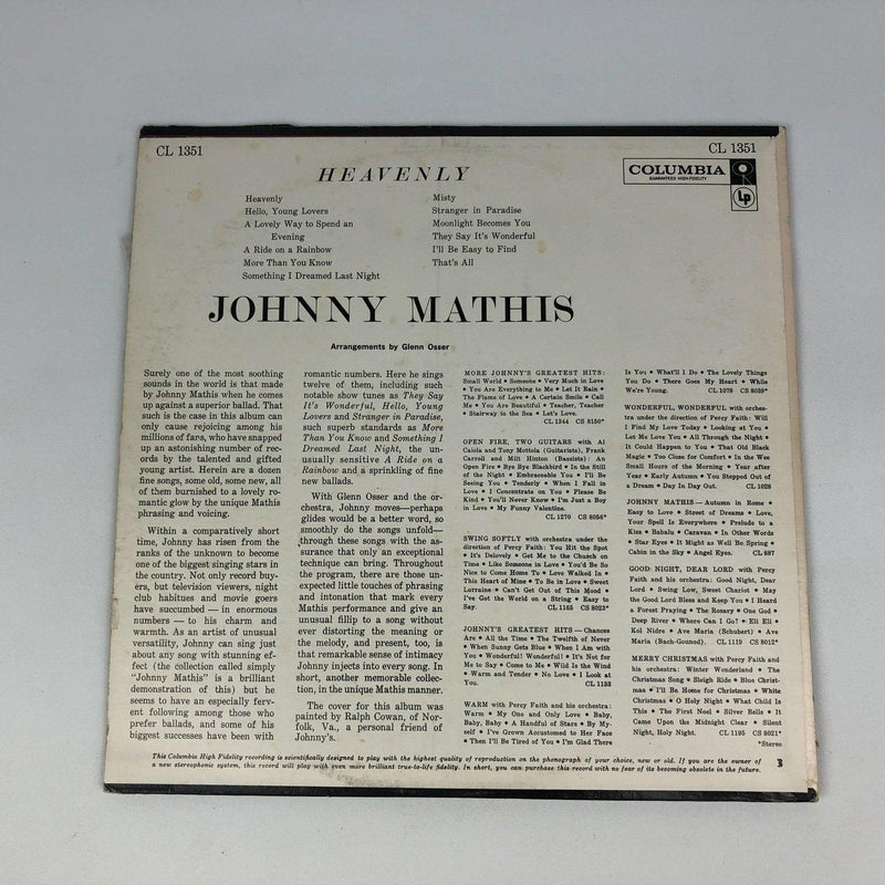 Johnny Mathis Heavenly Record 33 RPM LP CL 1351 Columbia 1962 2