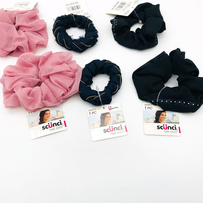 6-Pack Scunci Fashion Scrunchies Hair Ties Pink Blue Black Polka Dots 20333V