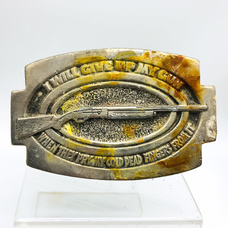 Vintage Shotgun Belt Buckle Pewter I Will Give Up My Gun Pry My Cold Dead Finger