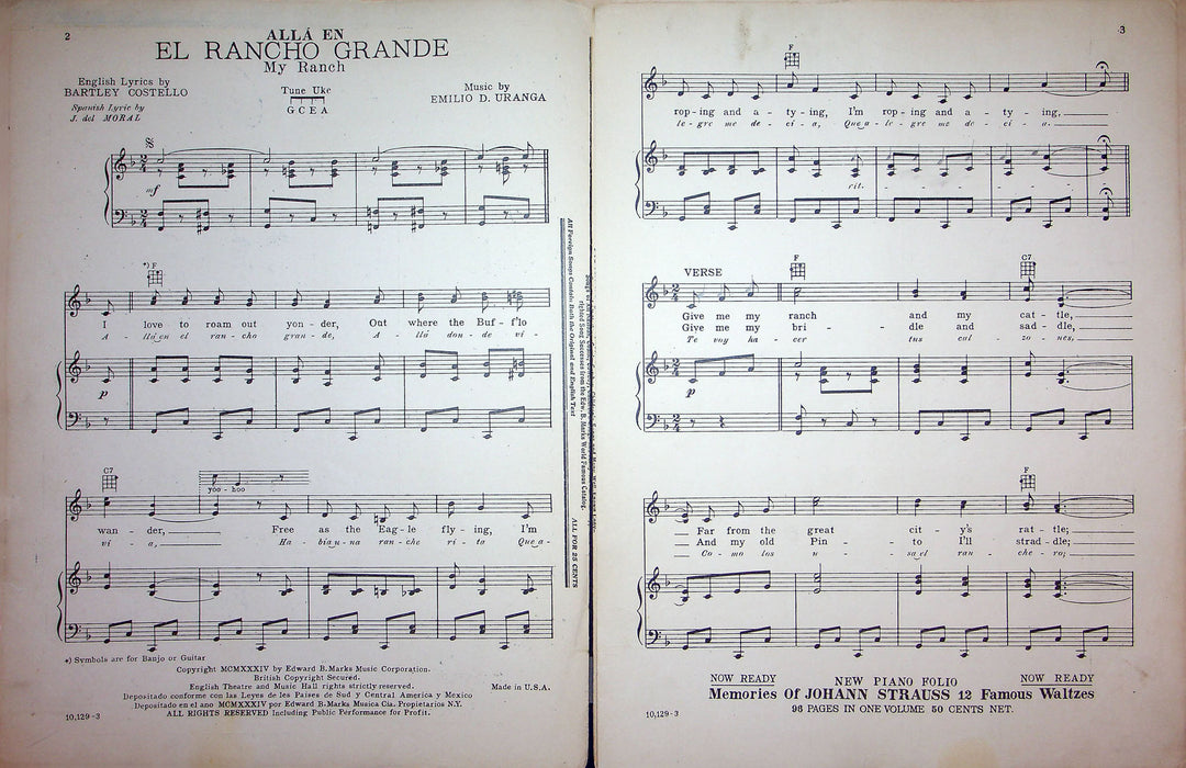 Sheet Music El Rancho Grande My Ranch Movie Bing Crosby 1934 Mexican Cowboy Song 2