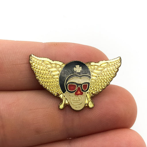 Hell on Wheels Motorcycle Gang Lapel Pin Skull with Wings Red Eyes Gold Colored 2