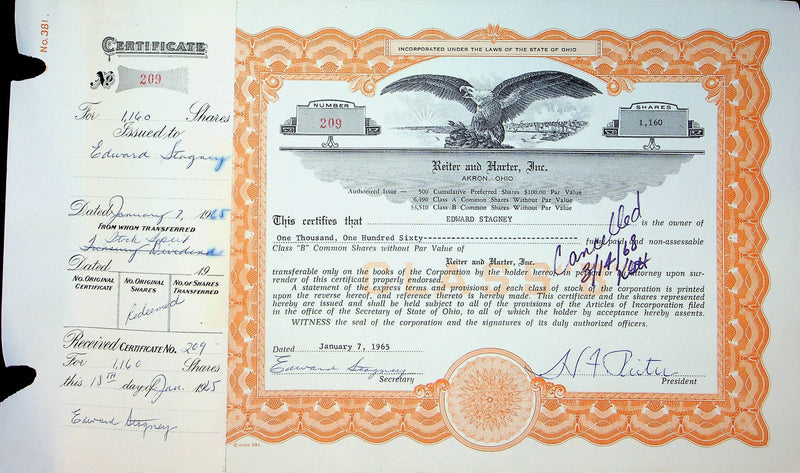 Reiter Dairy Company Stock Certificate Bond Scripophilly Akron Ohio 1965 No 209