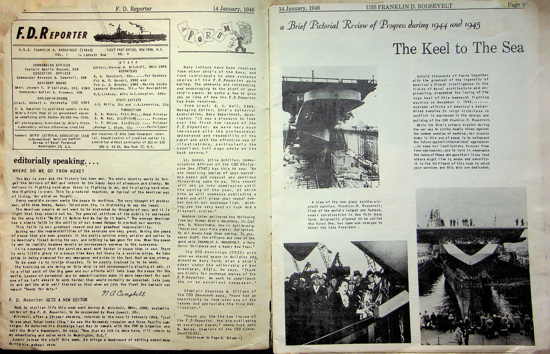 FD Reporter Ship Newspaper USS F D Roosevelt 1946 January Post WW2 Navy Crew