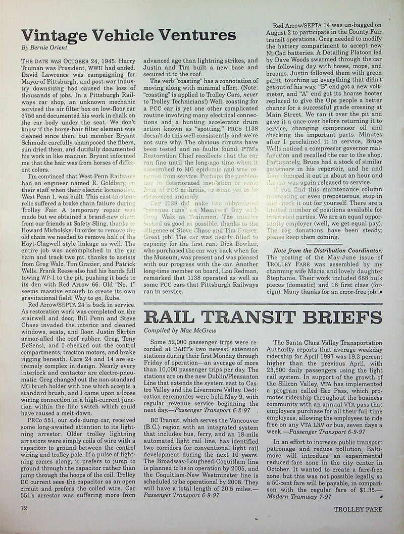 Trolley Fare Magazine August 1997 Finishing Carshop Addition PA Railway Museum