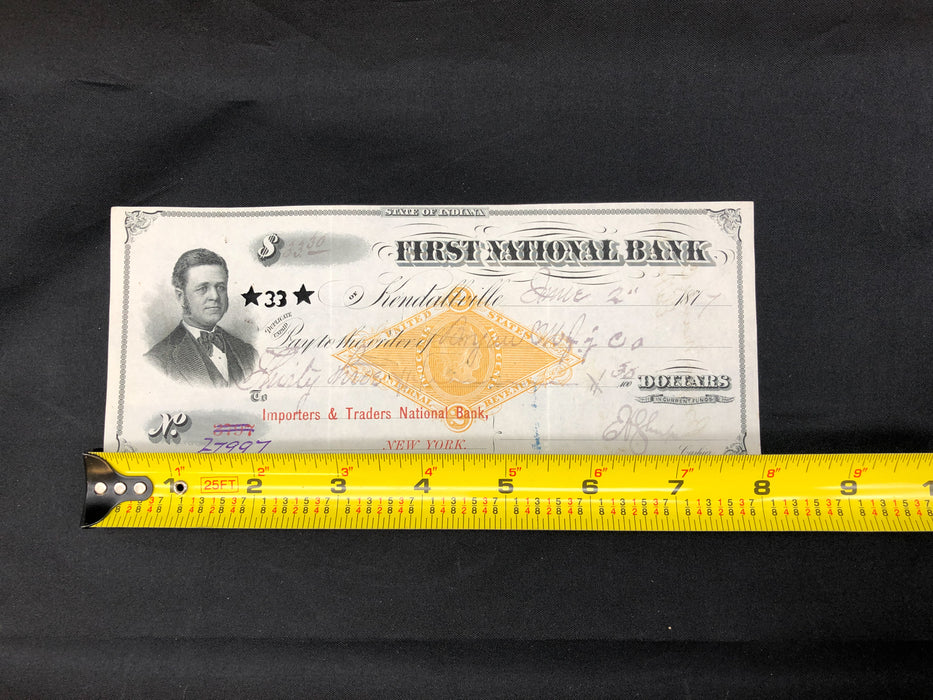 Antique Bank Check Original 1877 First National Bank Indiana 27997 Hole Punched