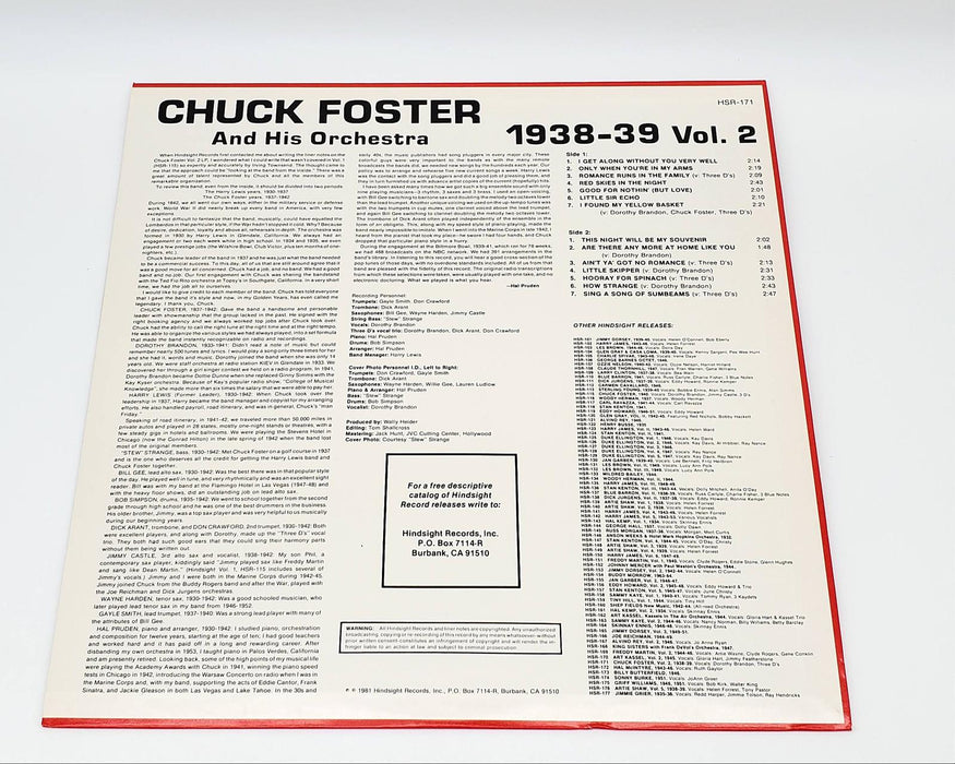 Chuck Foster & His Orchestra The Uncollected Vol.2, 1938-39 LP Record Hindsight 2