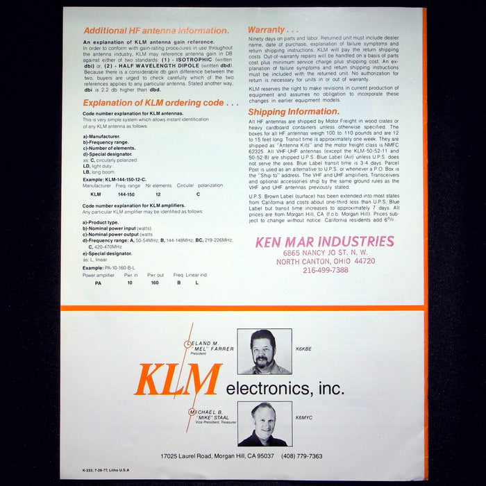 KLM HAM Radio Transceiver, Antenna & Amplifier Catalogs 1976-1978 Lot of 2