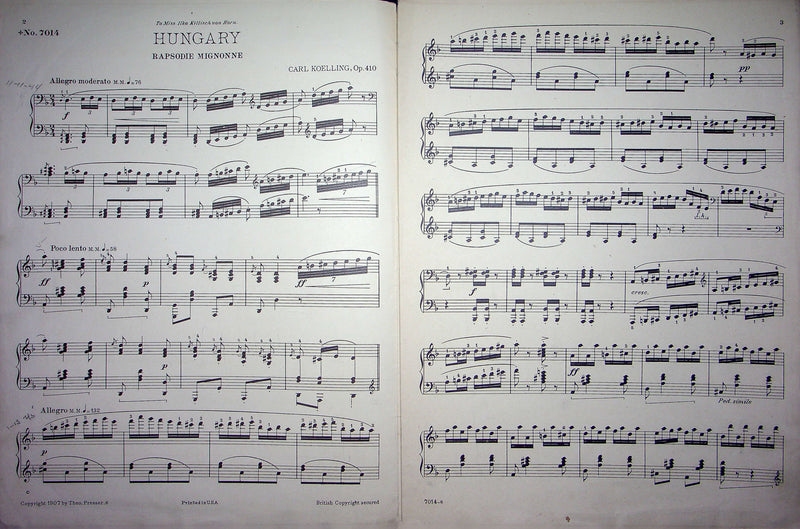 Sheet Music Hungary Rapsodie Mignonne Carl Koelling 1907 Theo Presser Pianoforte 2