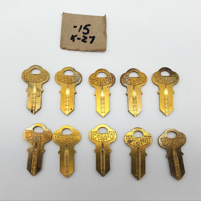 10x Chicago Lock Co. K-27 Key Blanks W Milling Brass USA Made Vintage NOS