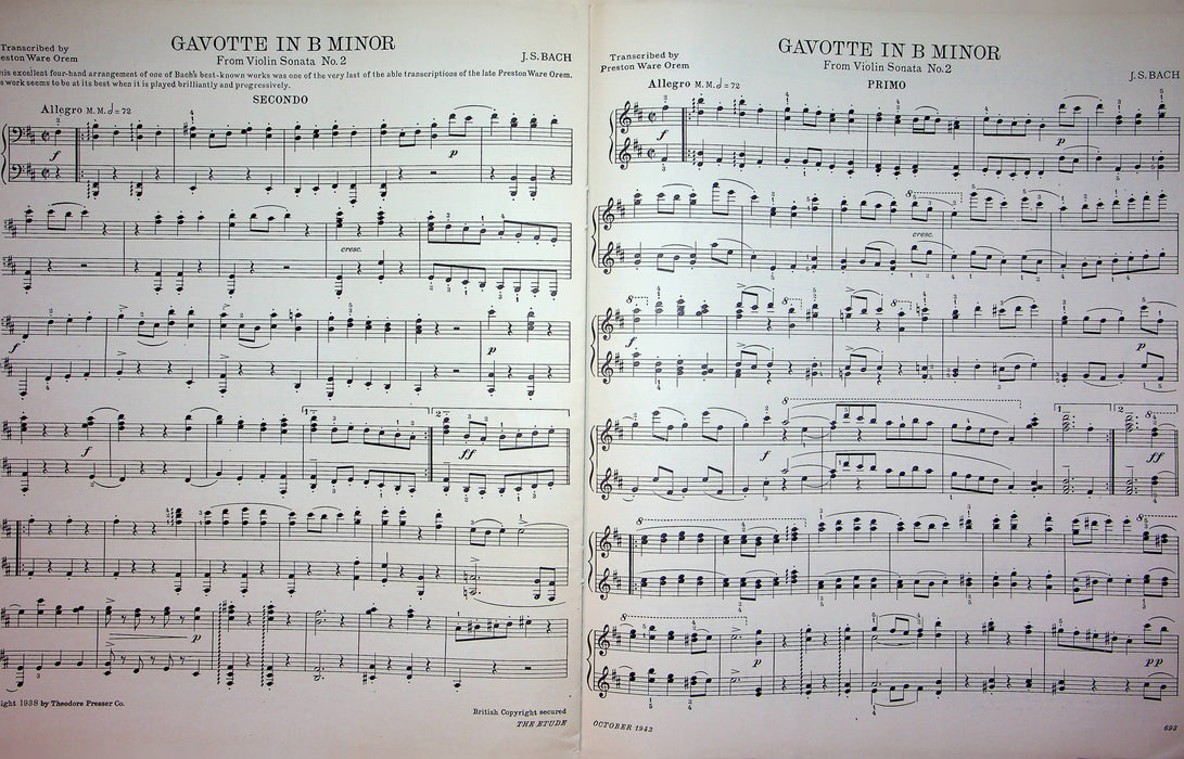 Gavotte in B Minor Secondo Primo Sheet Music Piano Song JS Bach 1942 Etude Mag 4