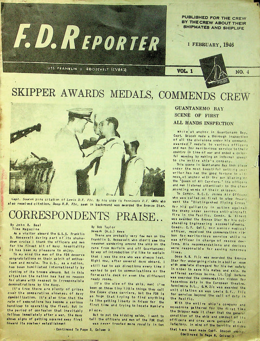 FD Reporter Ship Newspaper USS FD Roosevelt 1946 Feb Guantanemo Post WW2 Navy