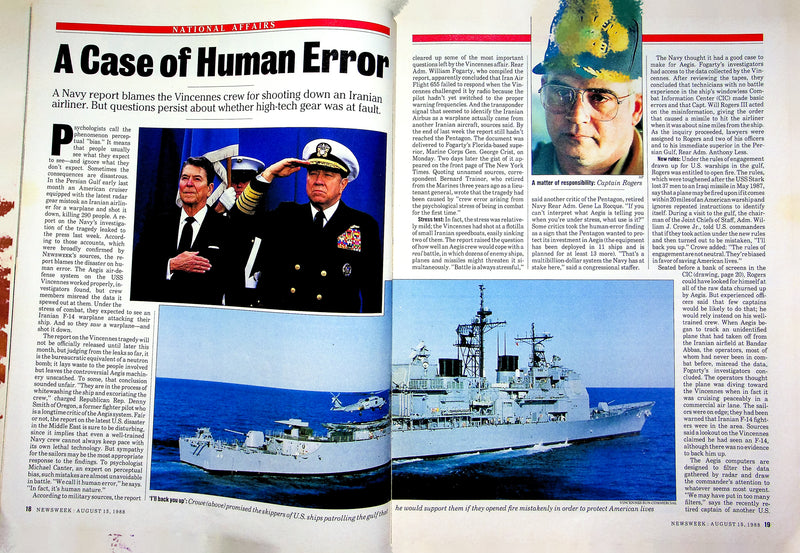 Newsweek Magazine August 15 1988 USS Vincennes Iranian Airliner Downing Scandal 3